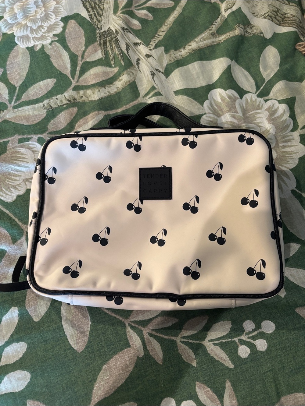 White Cherry-Print Travel Cosmetic Bag with Top Handle